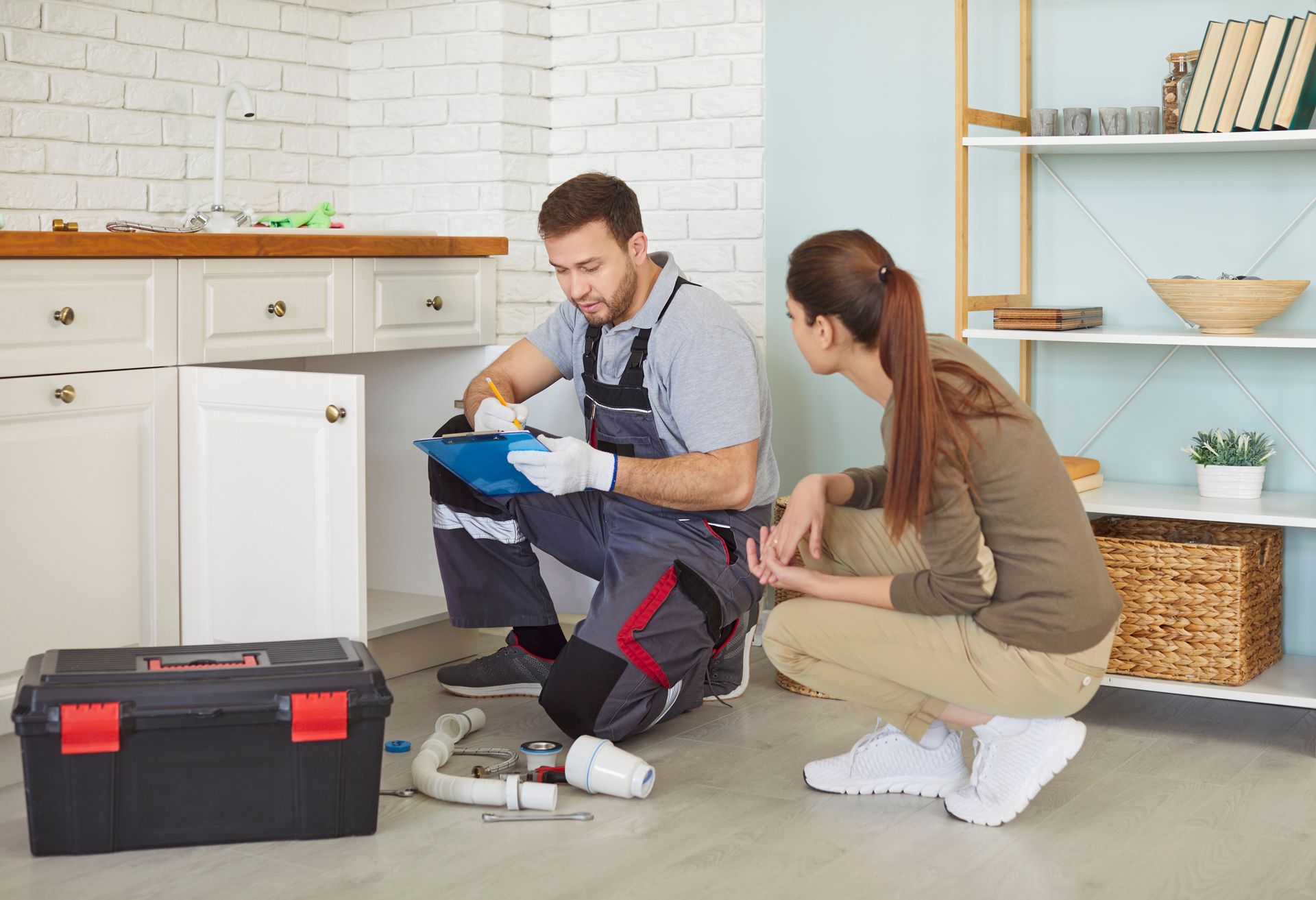 Plumber showing a woman paperwork near kitchen sink. Tools and pipes on floor.