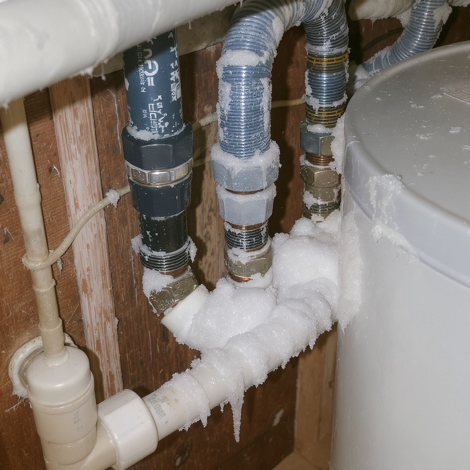 Pipes covered in ice near a white water heater, suggesting a frozen plumbing system in a cold environment.