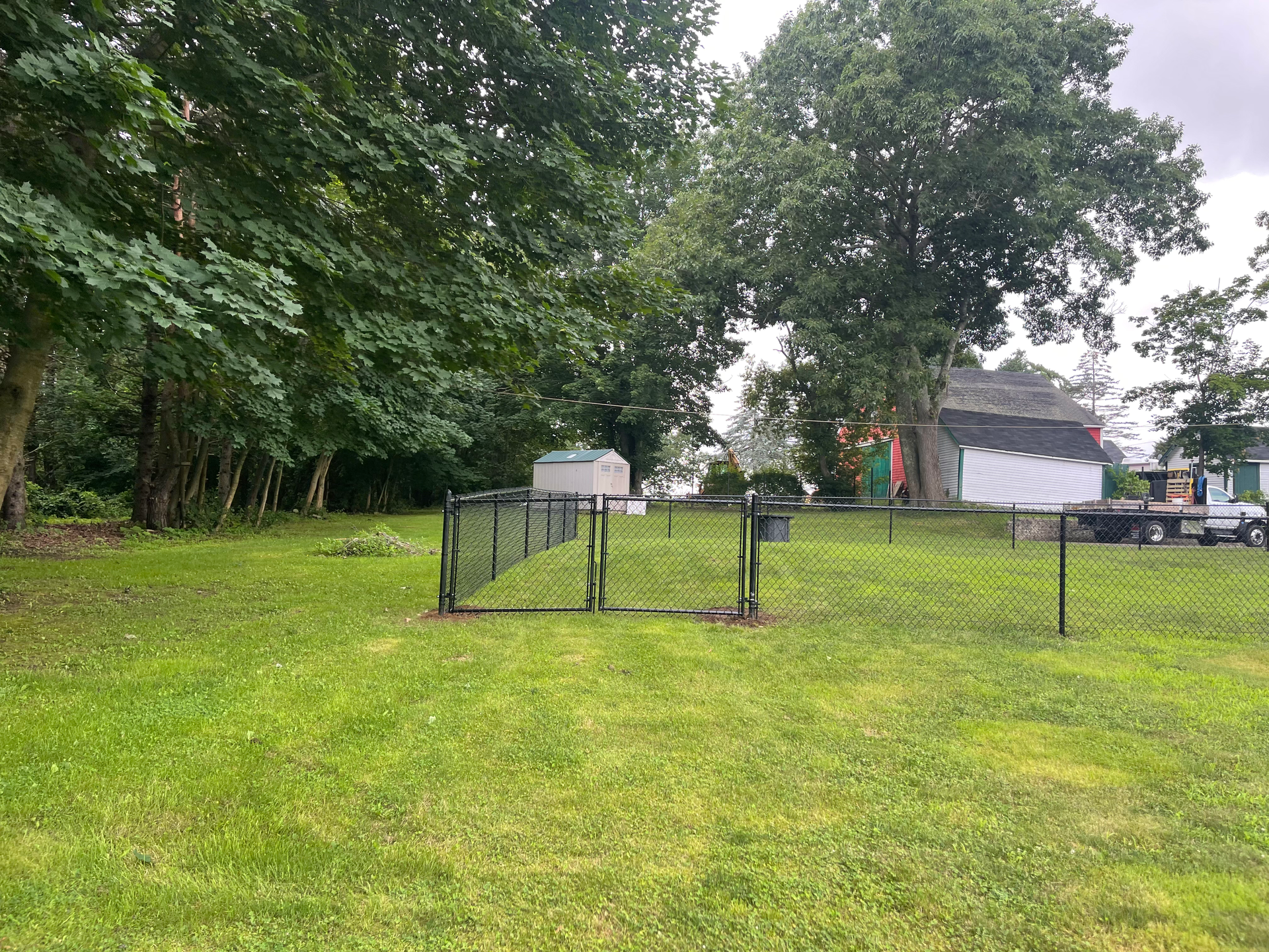 There is a basketball hoop in the middle of a lush green field.