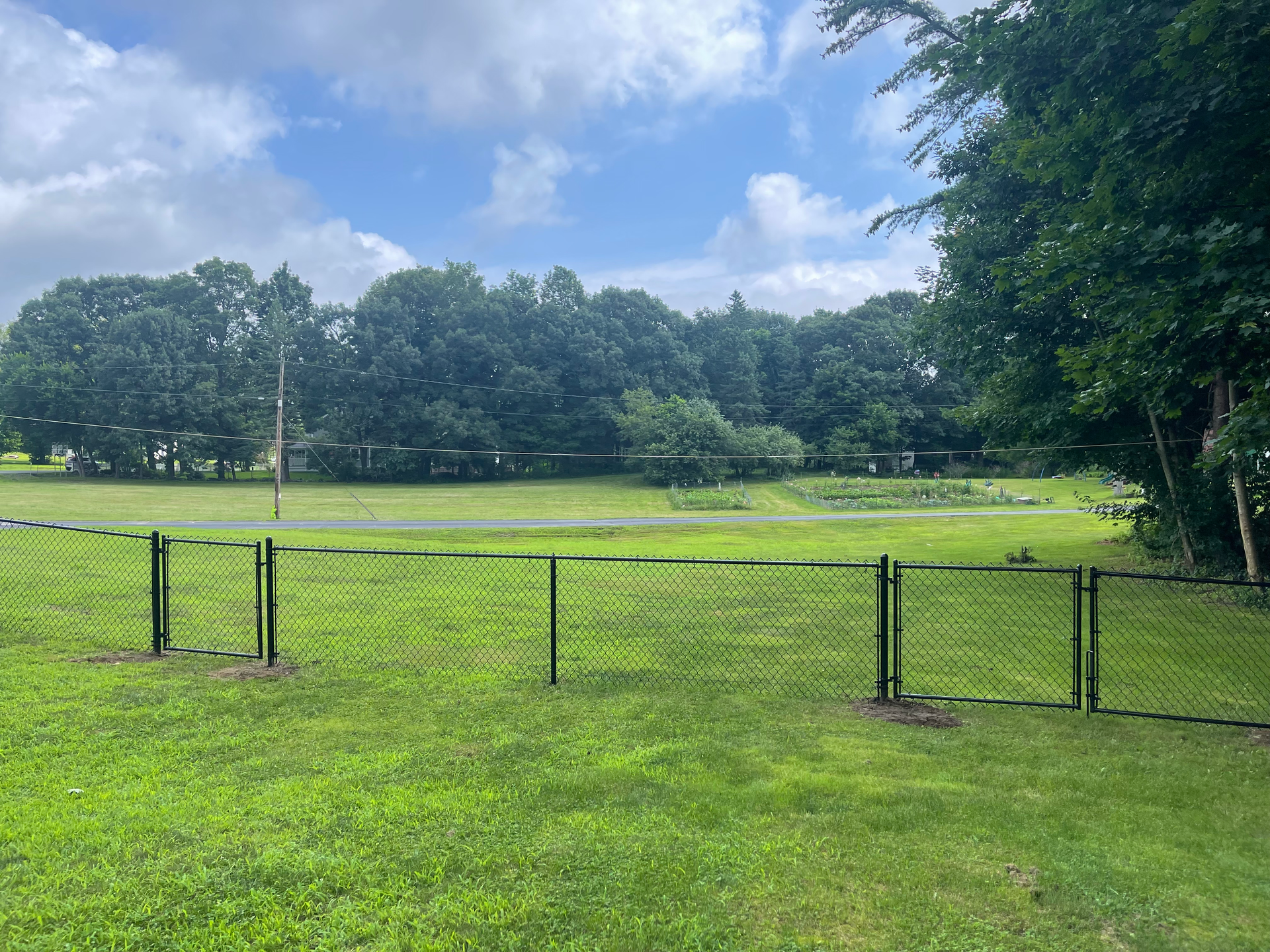 A large grassy field with a chain link fence and trees in the background.