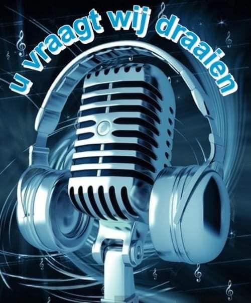 Retro blue microphone with headphones and Dutch text “u vraagt wij draaien” above it