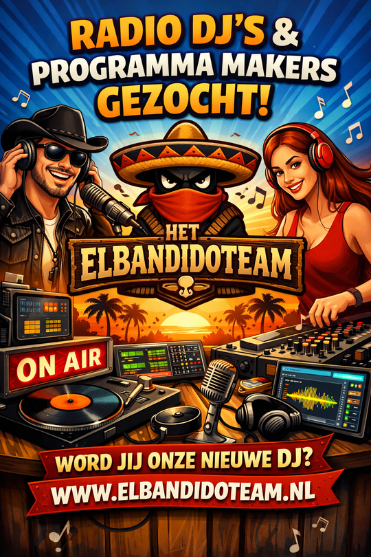 Poster voor Het Elbandidoteam: radio-dj's en programmamakers gezocht, met twee presentatoren, microfoons en een 'ON AIR'-bord.