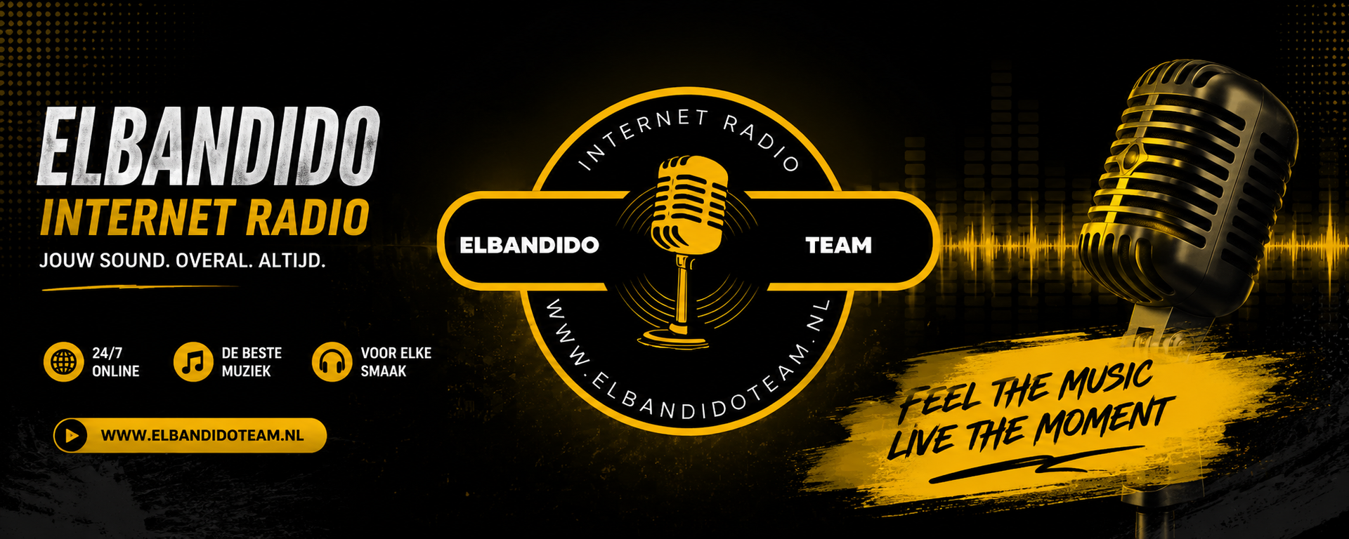 Zwart-gouden banner van Elbandido internetradio met microfoons en de slogan 