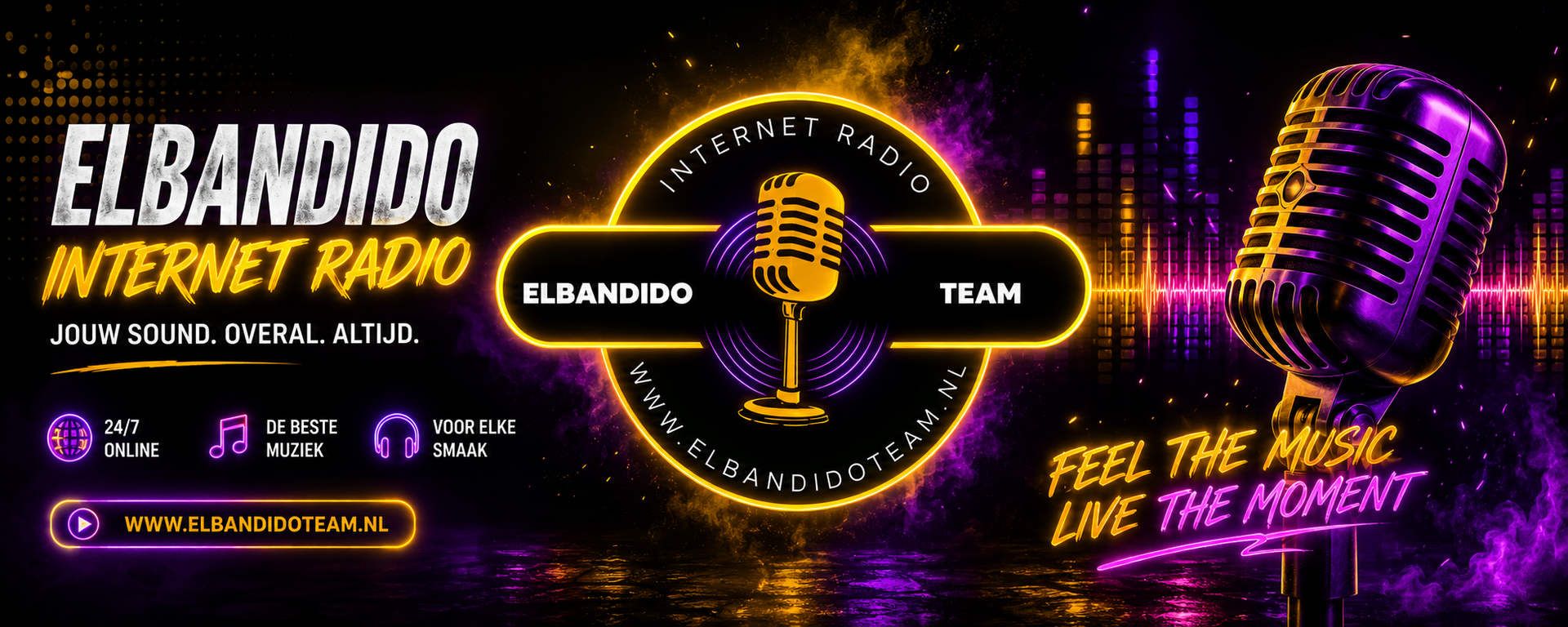 Zwart-gouden banner van Elbandido internetradio met microfoons en de slogan