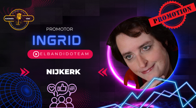 Promotieafbeelding voor Ingrid in Nijkerk. Vrouwenportret met neonaccenten, promotiestempel. Sociale media-pictogrammen, website.