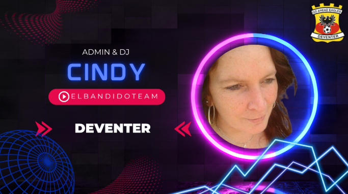 Een vrouw genaamd Cindy met een neoncirkel om haar heen; de woorden 