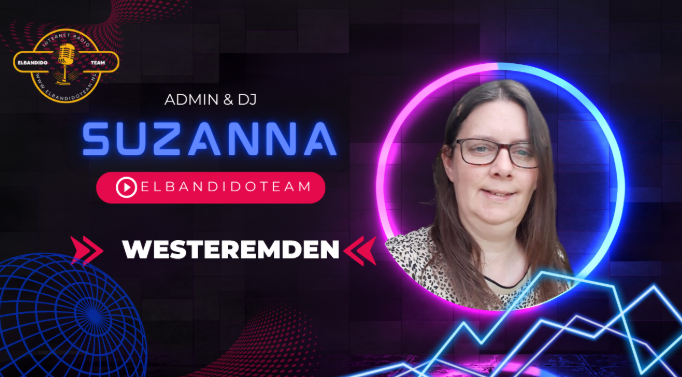 Suzanna, een administratief medewerkster en dj, in een neonkleurige afbeelding. De afbeelding bevat een logo en de locatie.
