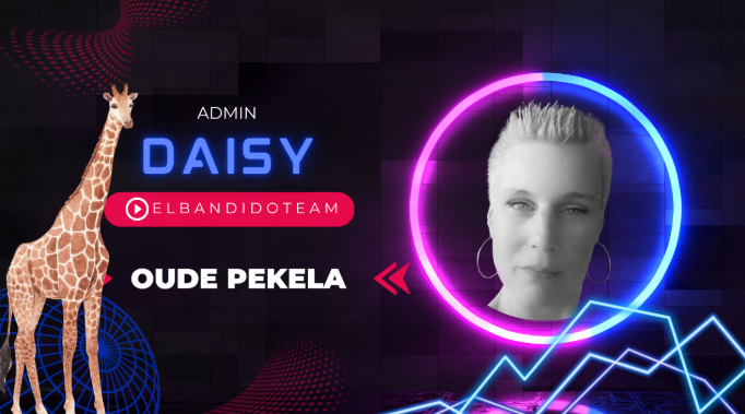 Daisy, beheerder van elrandidotteam, portret in een neonverlichte cirkel naast een giraffe.