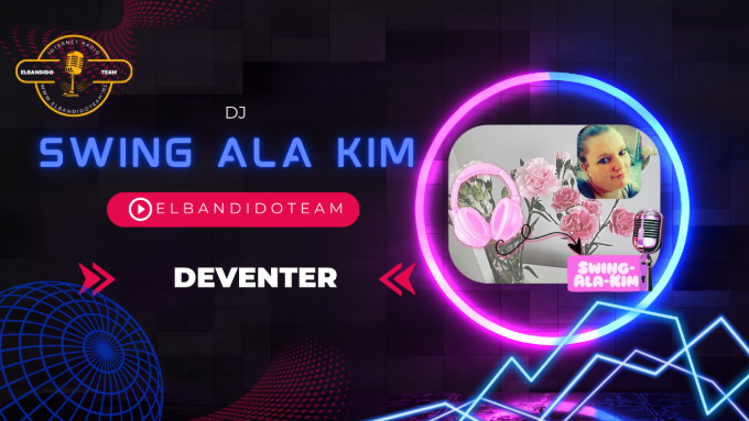 DJ Swing Ala Kim in Deventer. Neon afbeelding met een vrouw, koptelefoon en evenementdetails.