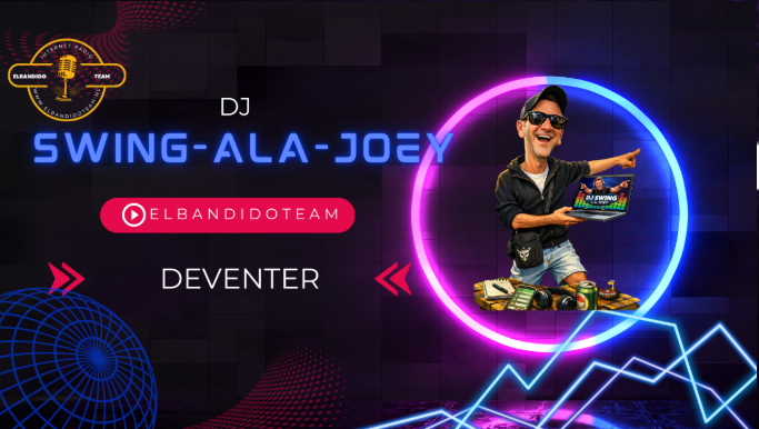 DJ Swing-ala-Joey in een neonverlicht frame, wijzend; 