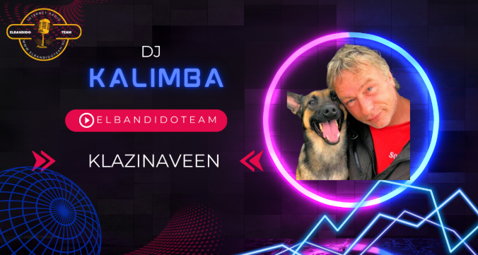 DJ Kalimba met hond in een neonverlichte cirkel. Tekst: Klazinaveen en @1BandidoTeam. Paarse, blauwe en zwarte achtergrond.