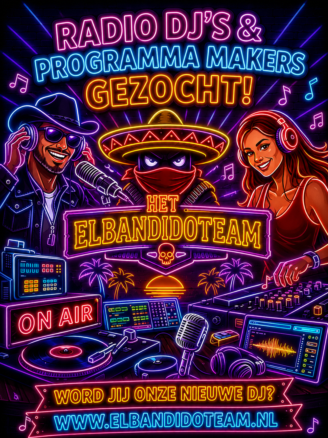 Poster voor Het Elbandidoteam: radio-dj's en programmamakers gezocht, met twee presentatoren, microfoons en een 'ON AIR'-bord.