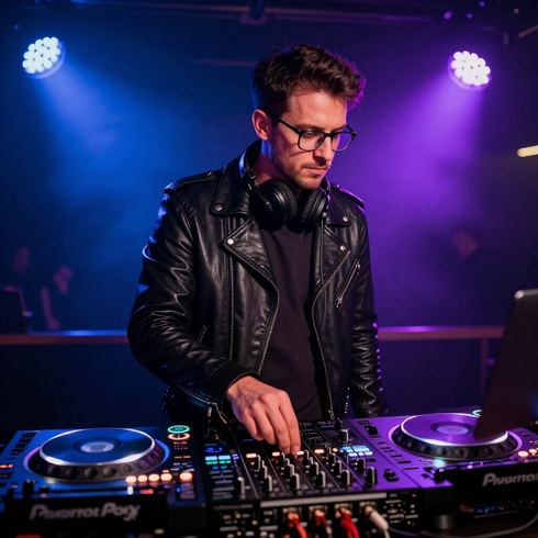 Een DJ draait muziek op een schemerig verlicht podium met paarse lampen en een draaitafel.