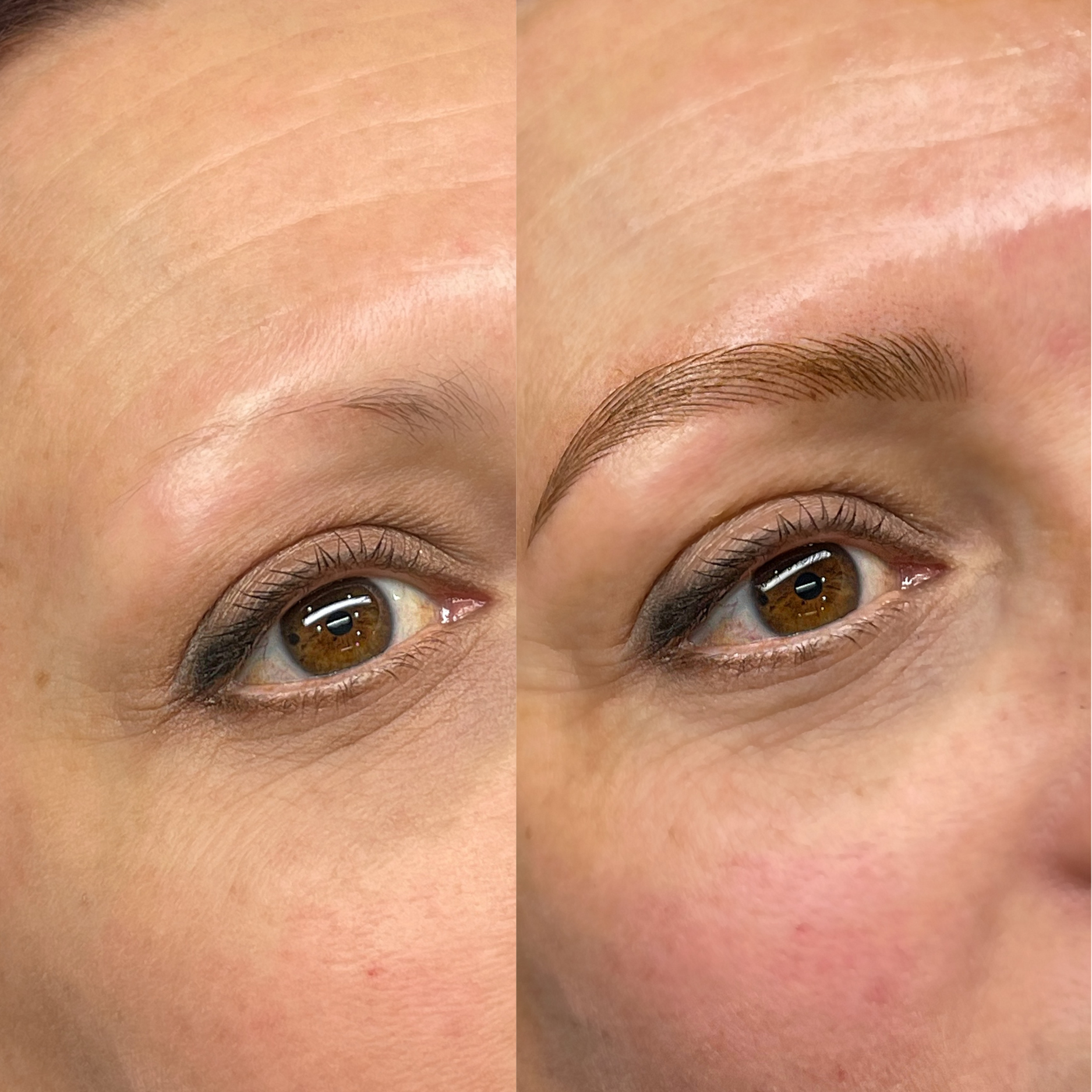 before and after photo collage of a womans eyebrow tattoo, eye open 
— Envy Cosmetic Collective in Maitland, NSW