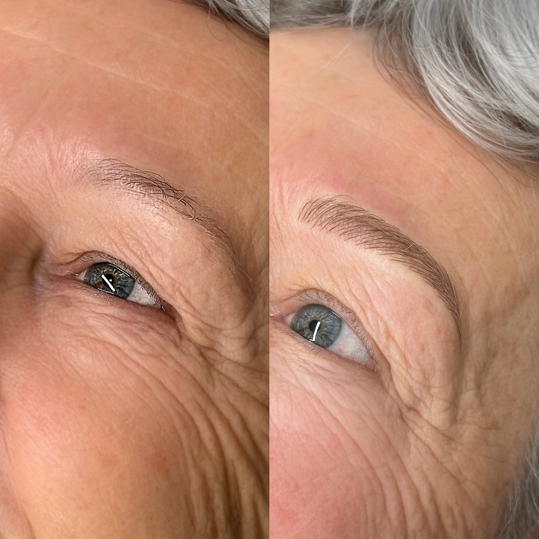 collage image before and after of a ladys microbladed eyebrow with eyes open