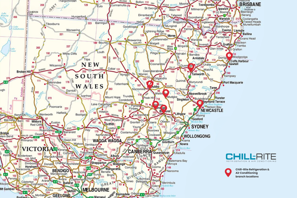 Map of New South Wales, Australia with red location markers— Chill-Rite Refrigeration and Air Conditioning in Dubbo, NSW