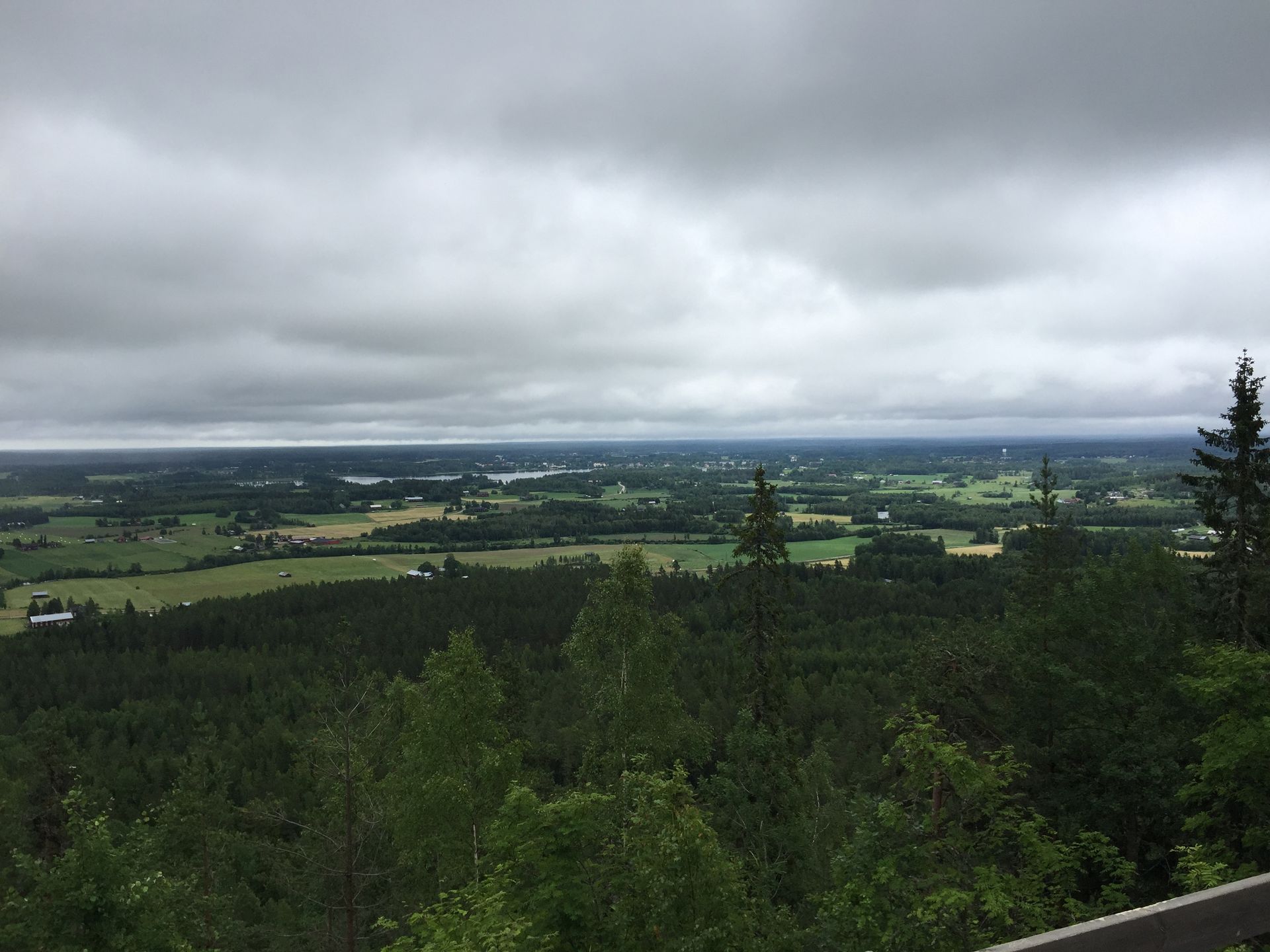 A view of a landscape with trees and fields on a cloudy day in Sweden