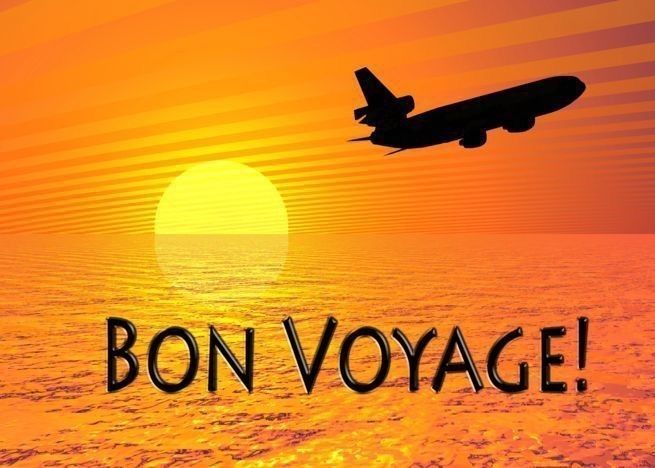 A plane is flying over the ocean with the words bon voyage written below it