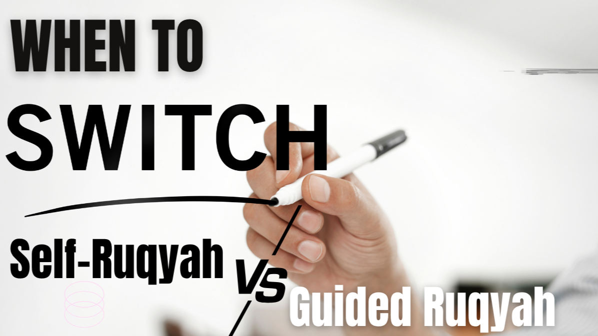 A hand drawing a dividing line with the text “Self-Ruqyah vs Guided Ruqyah — When to Switch,” repres