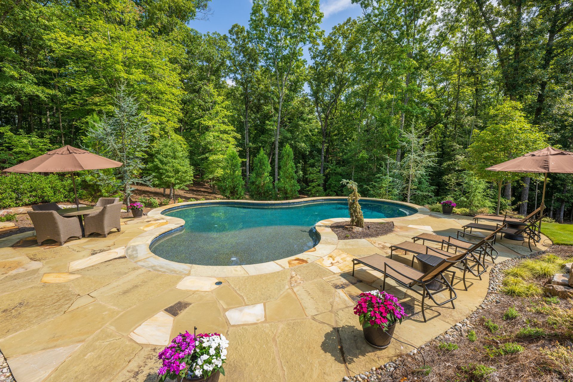 A large swimming pool surrounded by chairs and umbrellas in a backyard.
