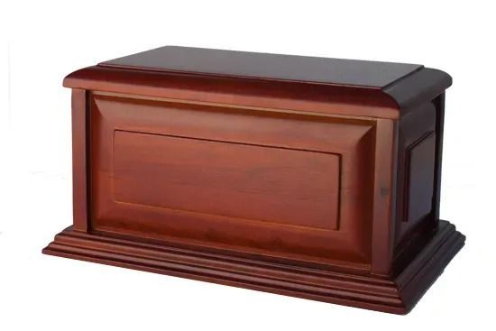 Polished brown wooden cremation urn with a rectangular panel design on a white background