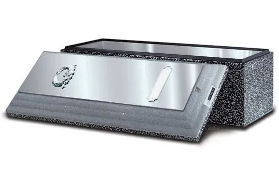 Silver desktop safe box with textured black sides and a front handle