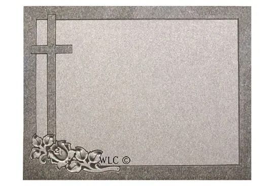 Gray decorative frame with a cross motif in the upper left and floral accents at the bottom left.