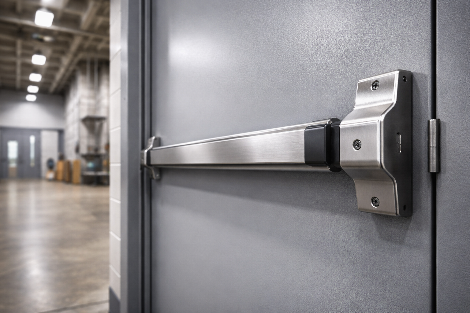 Close-up of a stainless steel panic bar push pad installed on a gray industrial metal door.