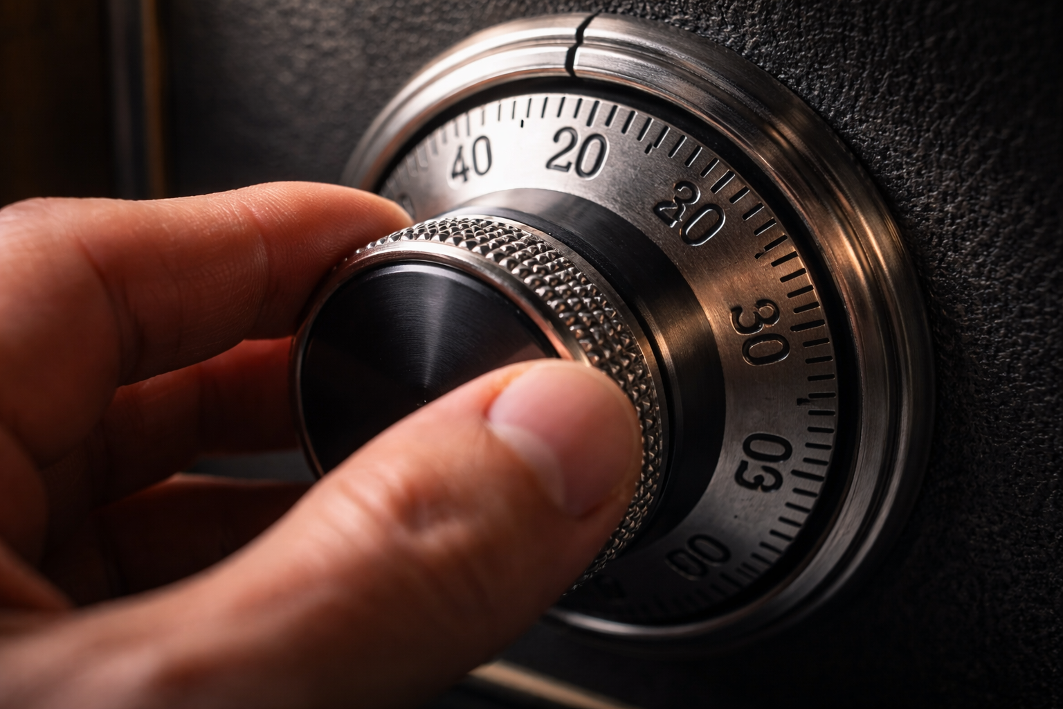 A hand turns the metal dial of a combination safe.
