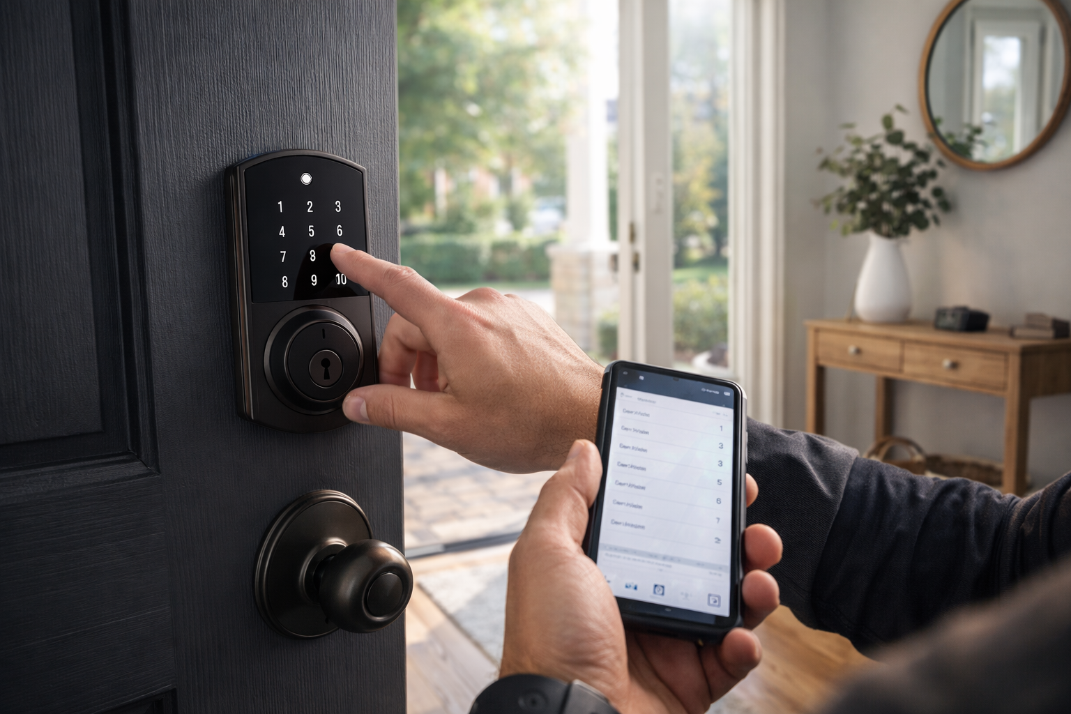 A person entering a code on a black smart lock mounted on a door while holding a smartphone in their other hand.