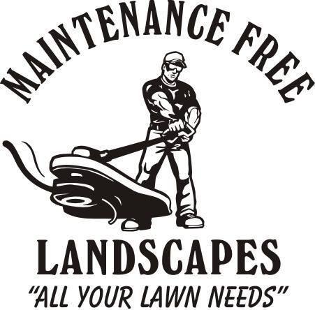 Maintenance Free Landscapes logo with a worker mowing grass and slogan “All Your Lawn Needs”