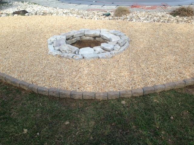 There is a fire pit in the middle of the lawn.