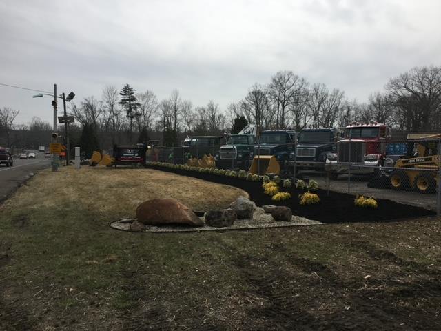 A bunch of trucks are parked on the side of the road.