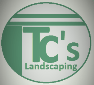 A green and white logo for tc 's landscaping