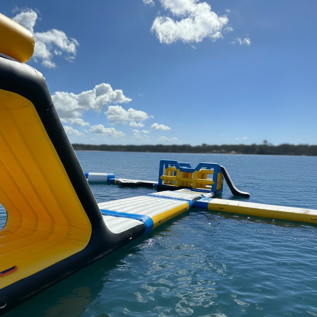 Inflatable water park on a lake with a slide and climbing structure; blue sky with clouds.