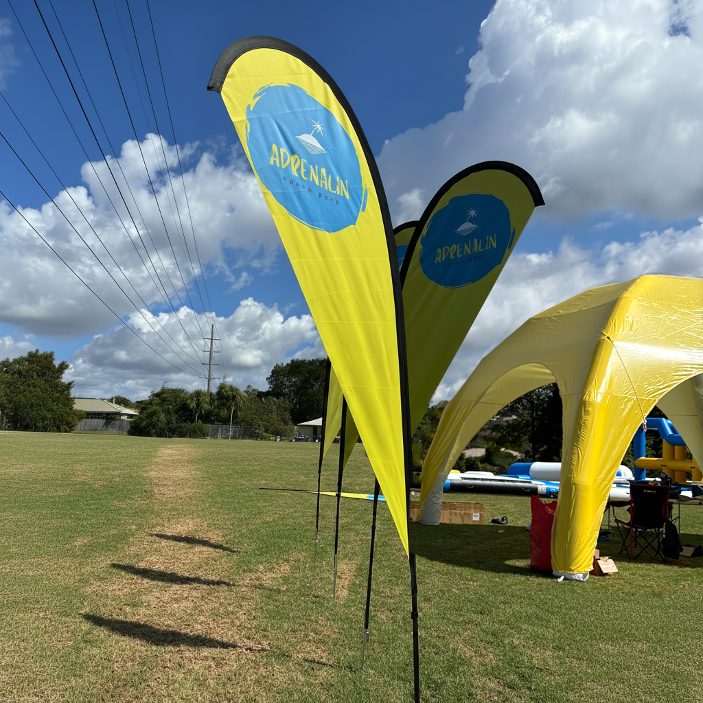 Yellow teardrop flags on green grass, with blue circle logo, under a cloudy sky. Adrenalin Beach Park.