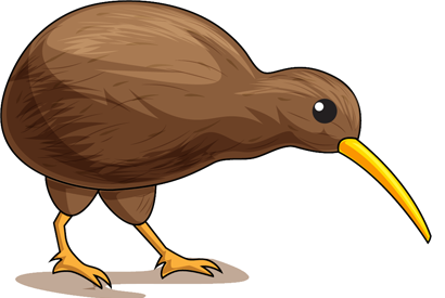A brown kiwi bird with a long yellow beak and small legs.