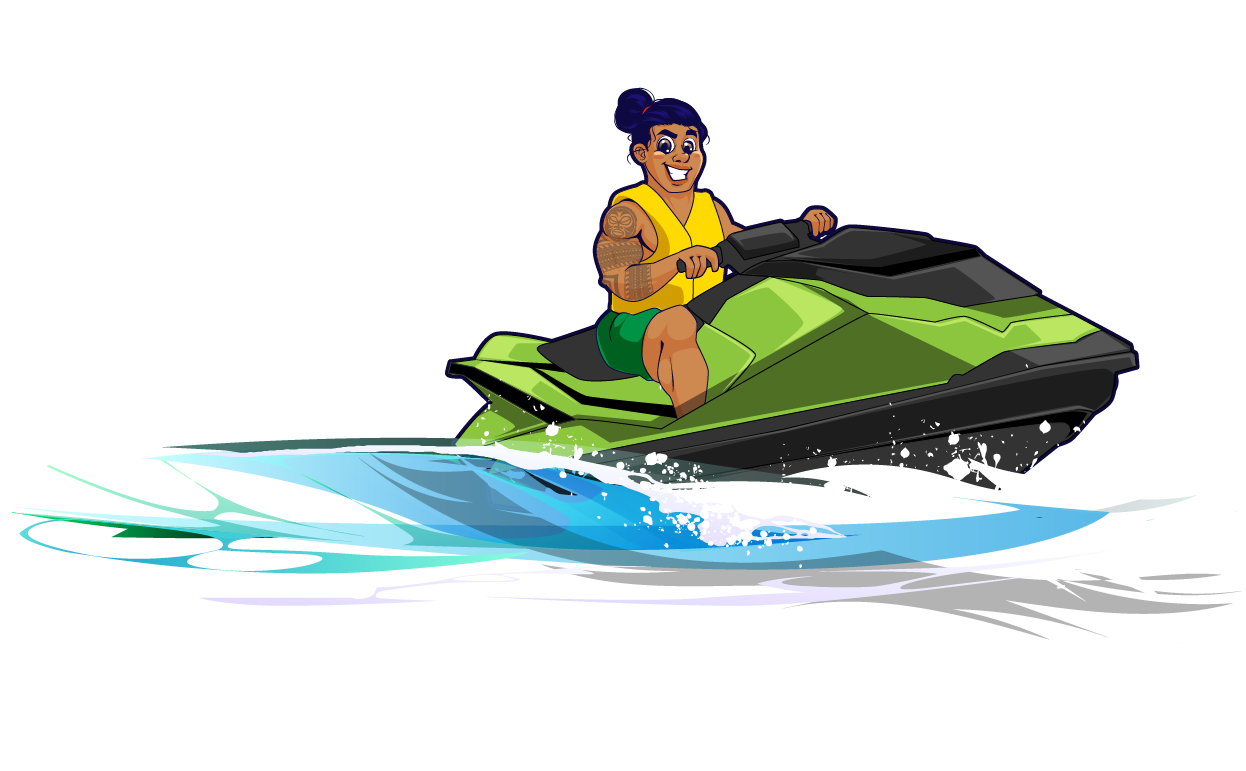 Person on a green jet ski in water, wearing a yellow life vest and smiling.