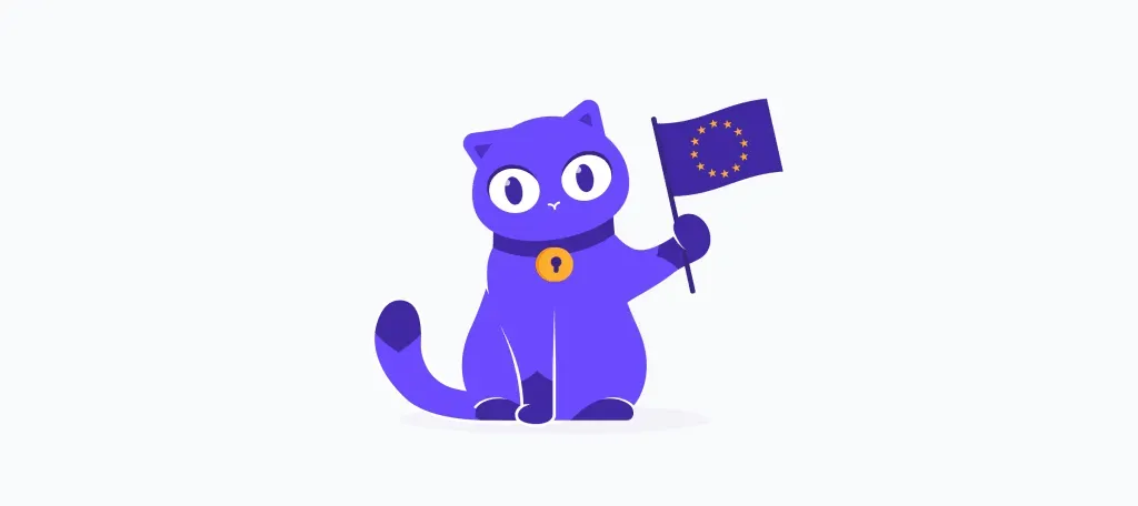 Purple cat holding a European Union flag, sitting on a white background.