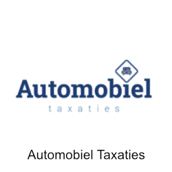 Logo voor Automobiel Taxaties, blauwe tekst met een auto-icoon in een blauwe ruit.
