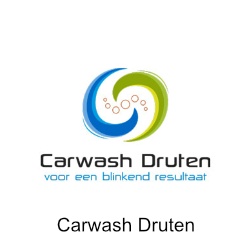 Logo voor Carwash Druten: wervelend blauw, groen en oranje ontwerp met tekst en slogan.