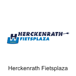 Logo voor Herckenrath Fietsplaza. Blauwe en witte tekst, gestileerde fietsafbeelding.