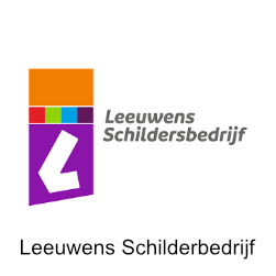 Logo van Leeuwens Schildersbedrijf. Paars-oranje rechthoek met een gestileerde