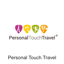 Logo voor Personal Touch Travel: vier kleurrijke plectrumvormen met reisgerelateerde iconen boven de bedrijfsnaam.