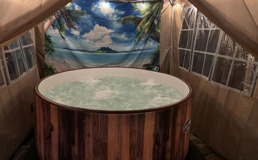 A wooden hot tub with steps in a backyard with a palm tree in the background.