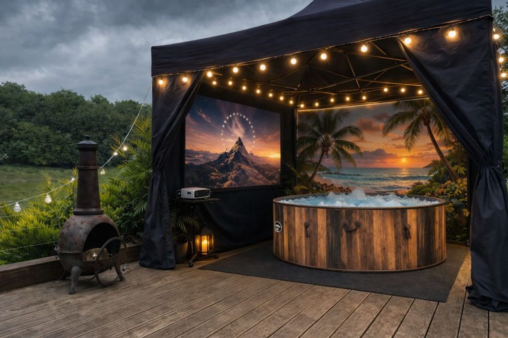 A wooden hot tub is sitting in front of a projector screen.