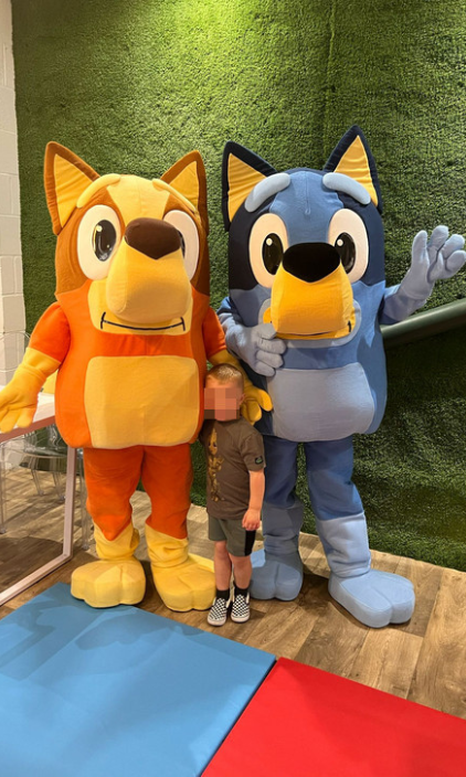 A little boy is standing next to two mascots.