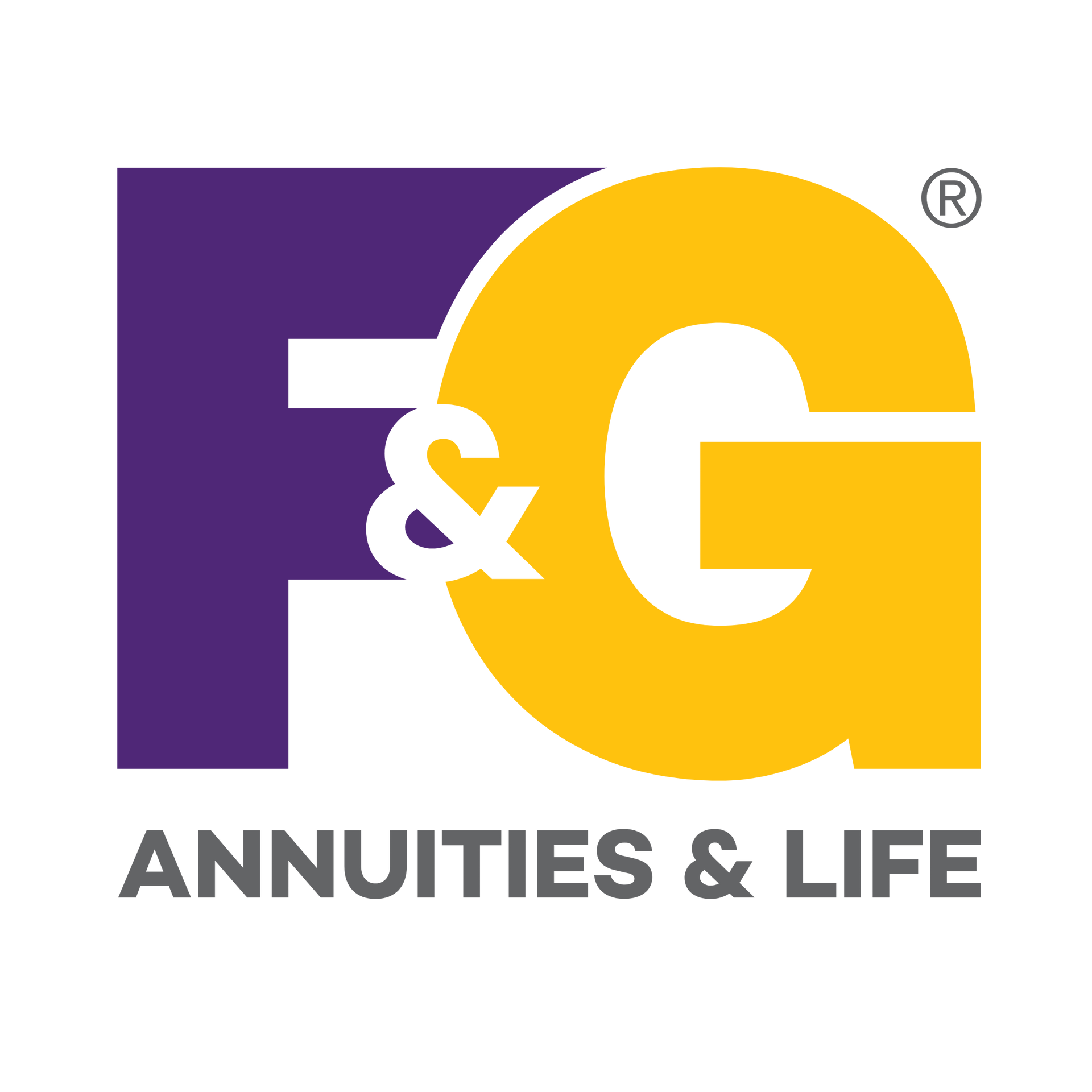 The logo for f & g annuities & life is purple and yellow.