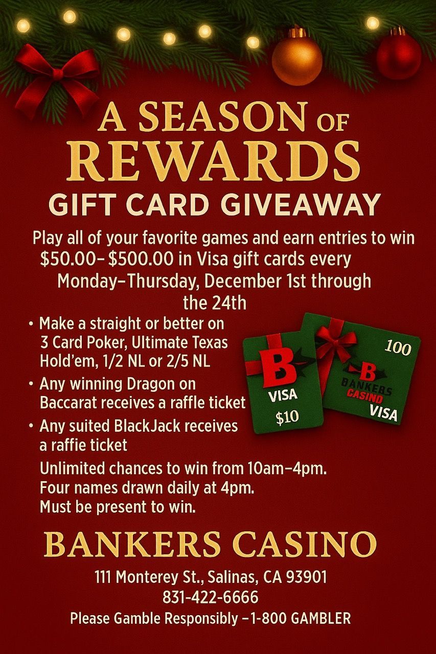 Bankers Casino Christmas gift card giveaway poster. Red background with text and Visa gift cards, December 1-24.