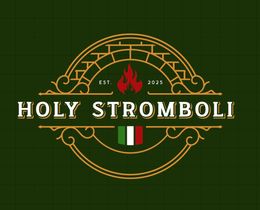 Holy Stromboli logo with ornate gold border, flames, and Italian flag on a green background.